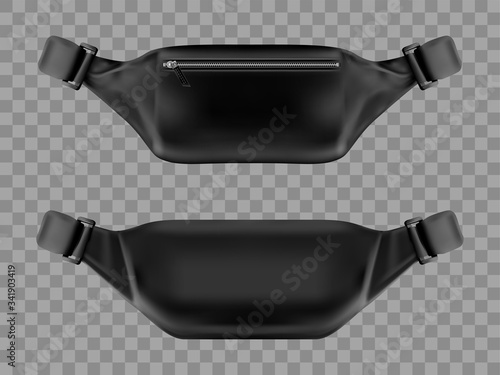 Waist bag, belt pouch mockup. Modern black fanny pack with zipper pocket front and back view isolated on transparent background. Fashion and sport male accessory, realistic 3d vector icon, mock up