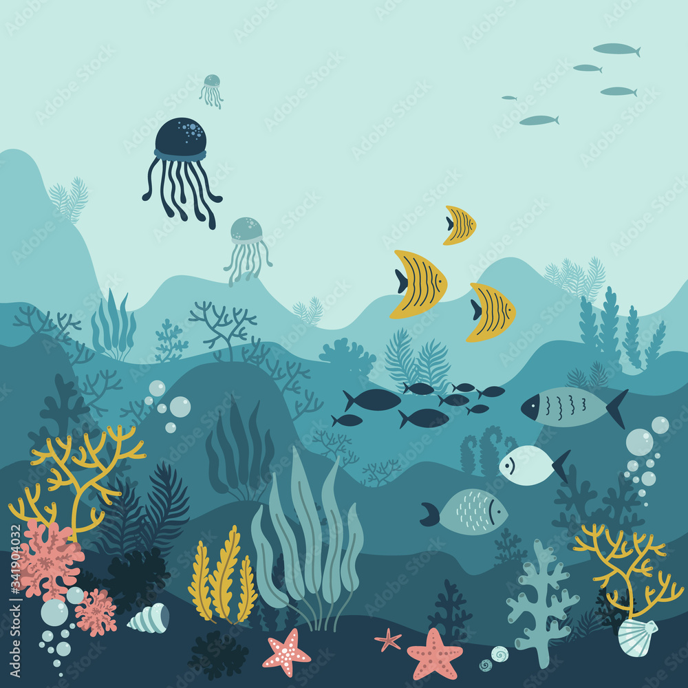 Fototapeta background underwater world, sea ocean, fish animals, algae and coral reefs, vector illustration hand drawing