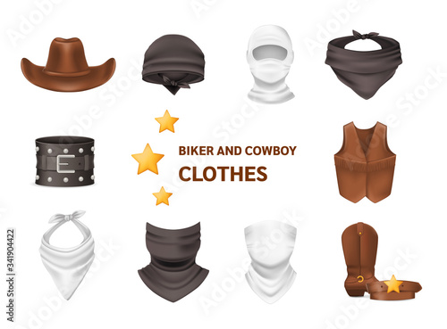 Realistic biker and cowboy clothing. Cowboy clothes leather hat, vest, boots, belt. Biker silk headband bandana scarf helmet wristband bandage. Protecting face and body vector isolated