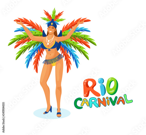 Rio carnival. Sexual girl Brazilian samba dancer with feather decorations.