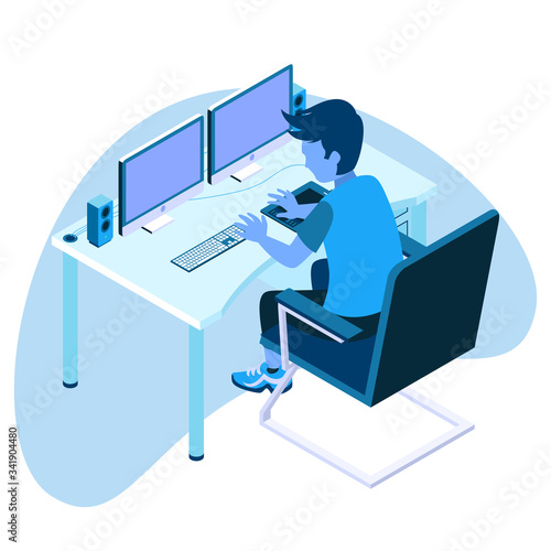 Isometric Vector Illustration Representing A Man Operating Computer with Dual Monitors on A Desk and Other Devices 1