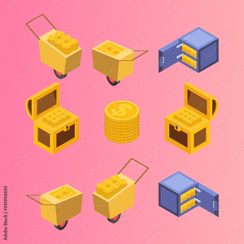 Isometric Vector Illustration Representing Icons of Treasure Storage Including Treasure Chest, Safe Deposit Box, Money, Coin, Currency, and Cart 2