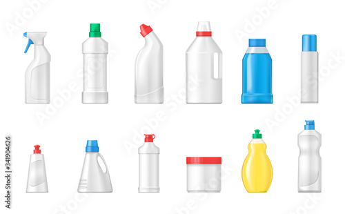 House cleaning plastic products realistic mockup set isolated. Cleaning products cleaning supplies for home, household. Plastic bottles differents shapes template for toilet bathroom cleaning vector