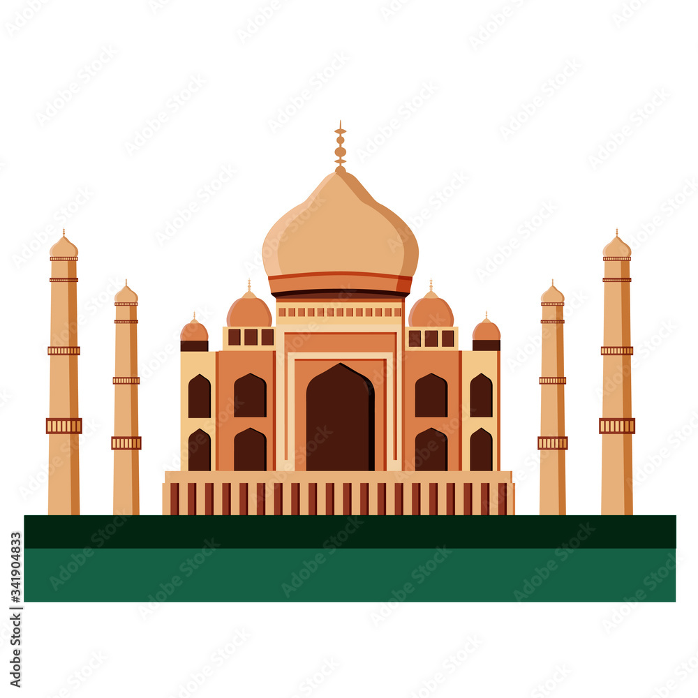 Taj Mahal. A white marble mosque mausoleum located in Agra, India, on the banks of the Yamuna River in Agra.