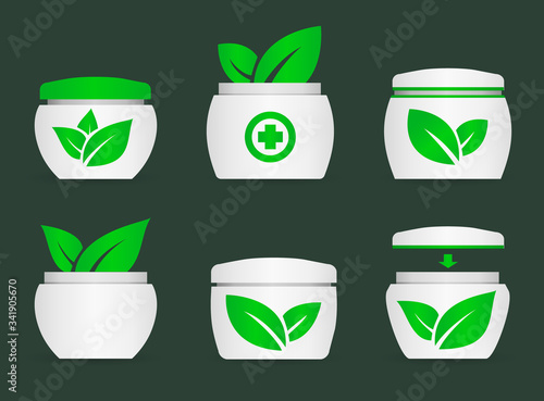 Set Vector icons of jars with natural cream. White jars on a dark background.