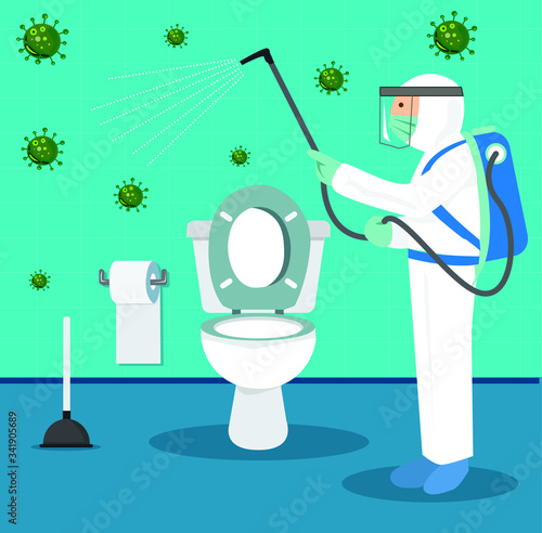 Vector illustration of a coronary injection (Covid-19) personnel sterilizing spray In the bathroom.