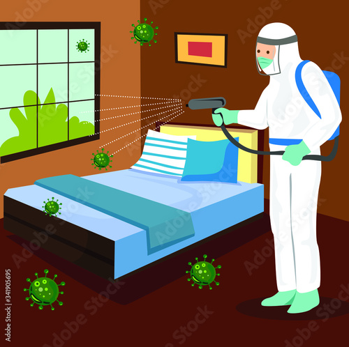 Vector illustration of a coronary injection (Covid-19) personnel sterilizing spray in the bedroom.