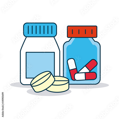 medicines bottles and pills, colorful design