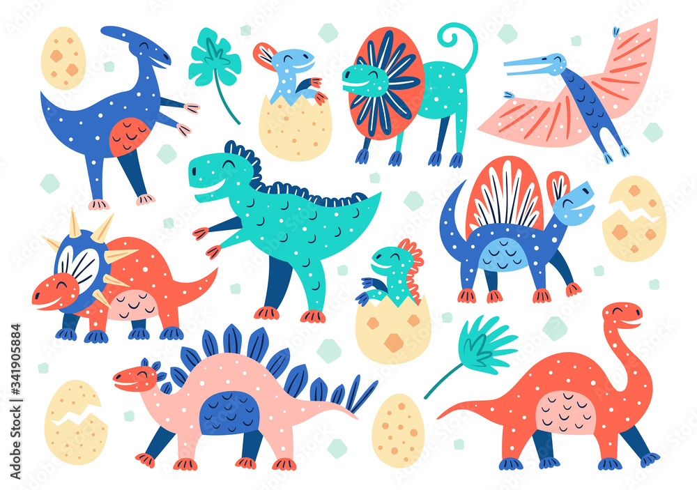 Set of little cute dinosaurs. Triceratops, T-rex, diplodocus, pteranodon, stegosaurus. Prehistoric animals. Jurassic world. Flat colourful vector illustration, art isolated on white background.