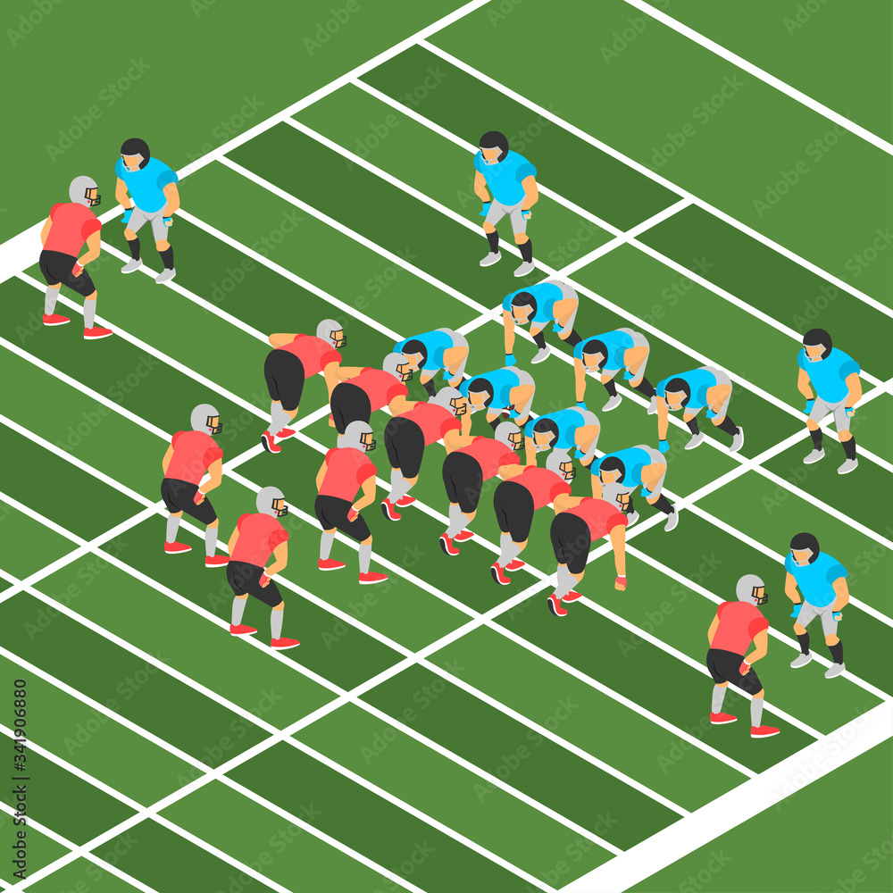 Isometric Vector Illustration Representing American Football Sport Activity on a Field or Stadium, They are two Teams Isometric Vector Illustration Representing American Football Sport Activity on a Field or Stadium, They are two Teams