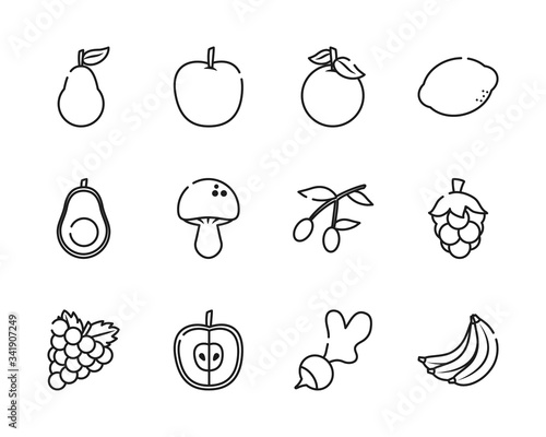 pear and fruits  vegetables icon set  line style