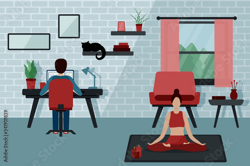 A girl in a red suit does yoga at home. Young guy with a laptops works from home.  Quarantine. Stay at home. Freelancer. Flat illustration.
