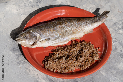 Fried fish trout and boiled buckwheat on a brown plate on a gray background. Cooking fish-mountain trout, baking in foil. Home-cooked food, Hobbies. Roasted trout