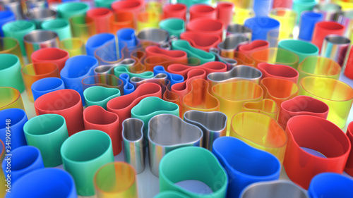 Multicolored 3D composition. Soft cylindrical tubes are drawn to the center  deformed when moving.