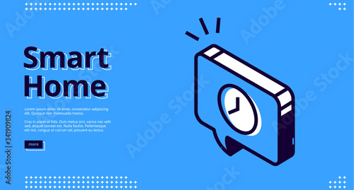 Smart home banner. Internet of things technology concept. Vector landing page of house control system with isometric icon of time reminder, intelligent clock