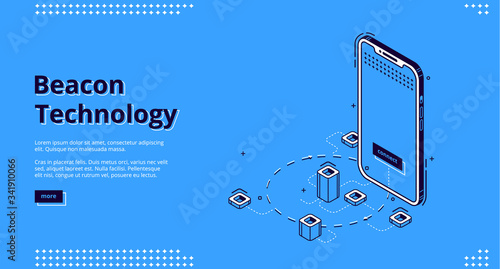 Beacon technology banner. Internet of things system concept. Vector landing page of marketing strategy using radar with wireless connection. Isometric smartphone on blue background