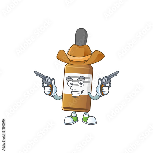 A cowboy cartoon character of liquid bottle holding guns