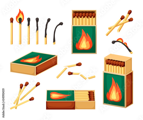 matches collection. safety burn from wooden matches in packages. Vector cartoon flame illustration
