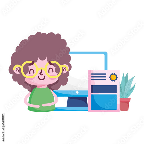 Girl kid diplom plant and computer vector design