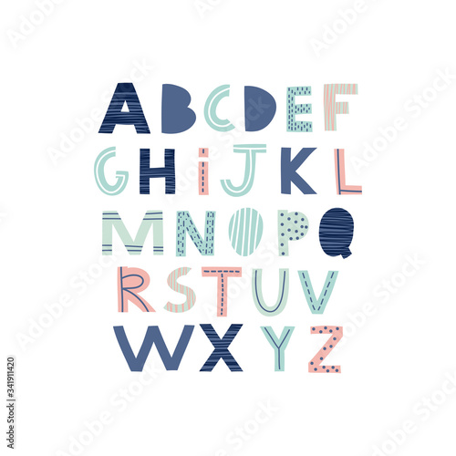 Abstract decorative English alphabet. Creative cute Kids font. Ideal for education, home decor. Vector Illustration can be used for quotes, poster, cards and kids fashion prints.