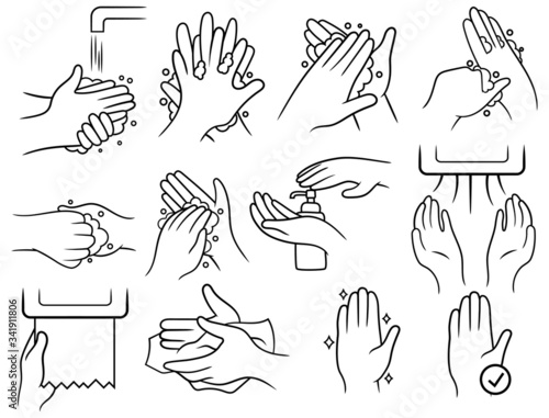 Set of instructions for step by step hand washing procedure. Collection of medical rules to hand washing for prevent illness and hygiene. Keep your healthy. Vector illustration on a white background.