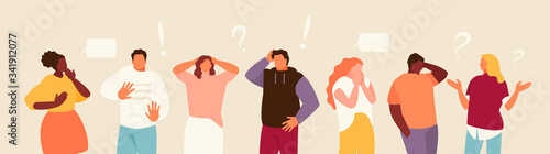 Group of scared people expressing fear, anxiety and panic. Vector illustration