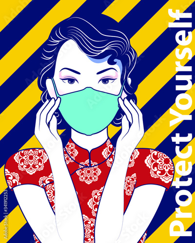 Chinese woman wearing a breathing mask for protection from germs and viruses. Vector, Illustrator.