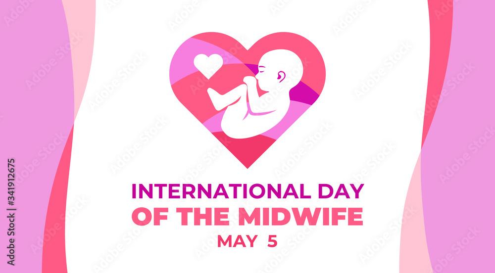 INTERNATIONAL DAY OF THE MIDWIFE. Vector banner, illustration for social media. Celebrated on may 5. The silhouette of a fruit inside a pink heart and the text of international day of the midwife.