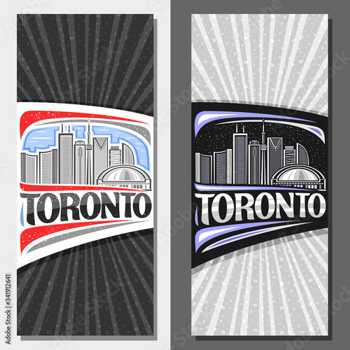 Vector layouts for Toronto, decorative leaflet with line illustration of contemporary toronto city scape on day and dusk sky background, art design tourist card with unique letters for word toronto.