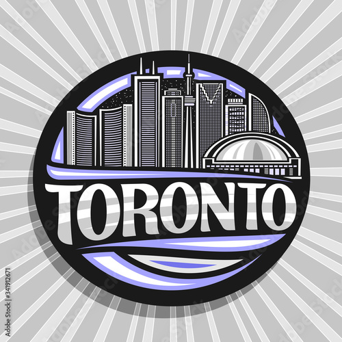 Vector logo for Toronto, black decorative circle badge with line illustration of contemporary toronto city scape on twilight sky background, tourist fridge magnet with unique letters for word toronto.
