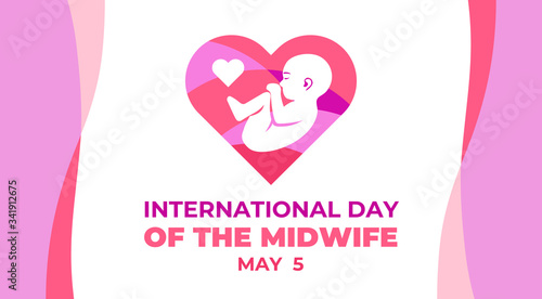 INTERNATIONAL DAY OF THE MIDWIFE. Vector banner, illustration for social media. Celebrated on may 5. The silhouette of a fruit inside a pink heart and the text of international day of the midwife.