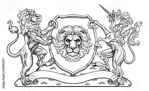 A crest coat of arms family shield seal featuring lions and unicorn horse with horn