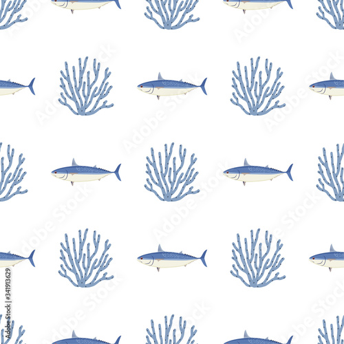 Tuna Fish. Mackerel Tuna. Colored Vector Patterns