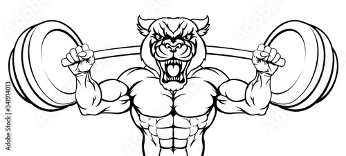 A panther animal body builder sports mascot weight lifting a barbell