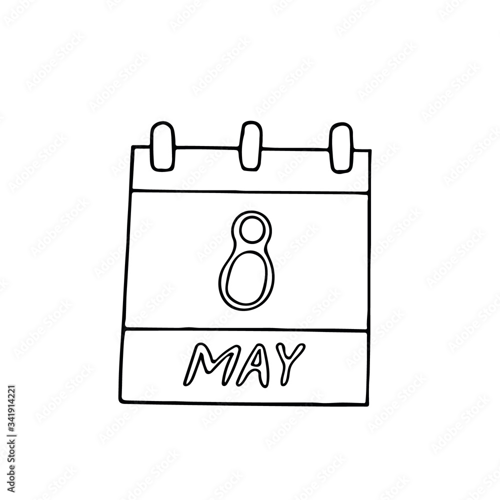calendar hand drawn in doodle style. May 8. Time of remembrance and reconciliation, World Red Cross and Red Crescent Day, date. icon, sticker, element calendar hand drawn in doodle style. May 8. Time of remembrance and reconciliation, World Red Cross and Red Crescent Day, date. icon, sticker, element