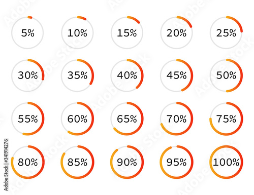 Loading circle set. Progress bar indicator from 5 to 100 percent. Round loading indicator. Process symbol collection with gradient. Vector EPS 10
