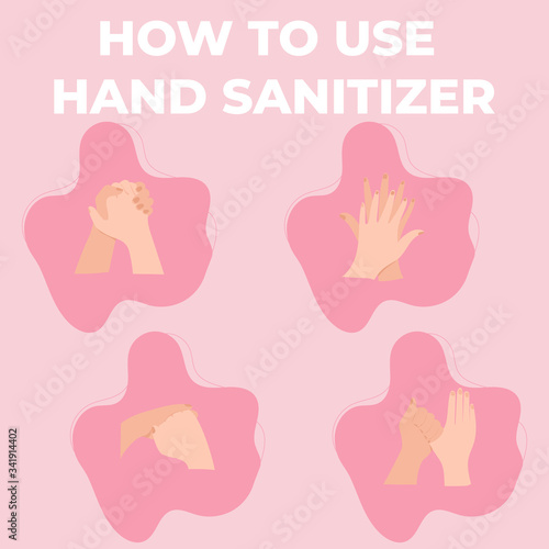 Healthcare educational infographic how to use sanitizer. Clean disease prevention covid-19. Personal hygiene, infographic procedure to wash alcohol gel.