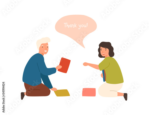 Positive cartoon old man help smiling female to collect fallen books vector f...