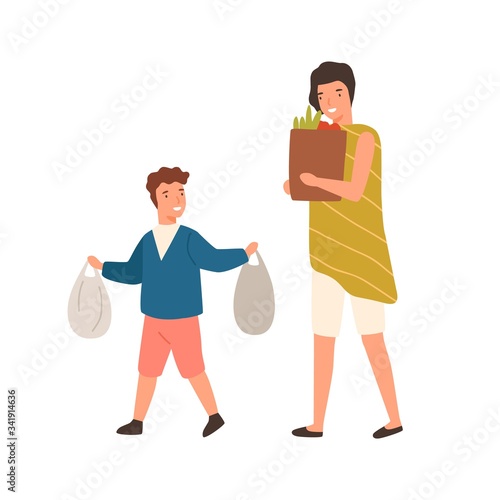 Cartoon well mannered boy help mother carry package with purchase vector flat illustration. Happy polite son carrying goods with woman isolated on white. Colorful child demonstrate good manners