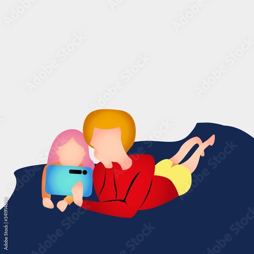Illustration of family time, tell the story of one family (father, mother, children) spending time together, playing and learning.
