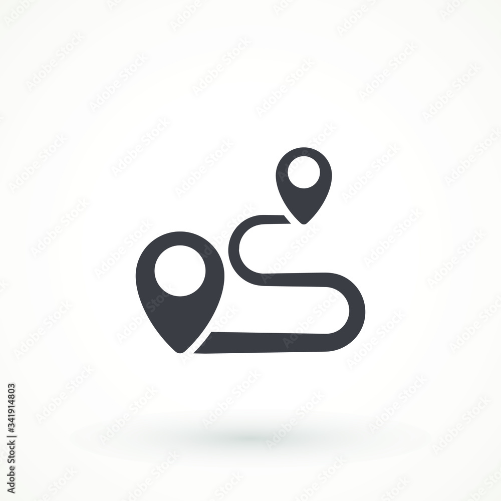 Navigation vector icon. GPS navigation . Distance Travelling Roadway Route location icon, two map pin sign and road or path, start and end journey symbol isolated on white Navigation vector icon. GPS navigation . Distance Travelling Roadway Route location icon, two map pin sign and road or path, start and end journey symbol isolated on white