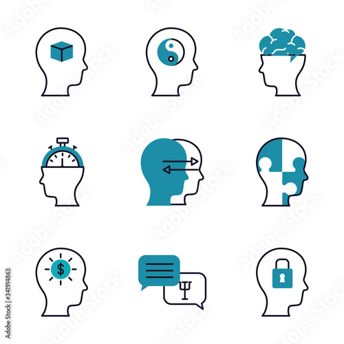 heads and Mental health icon set, half line half color style