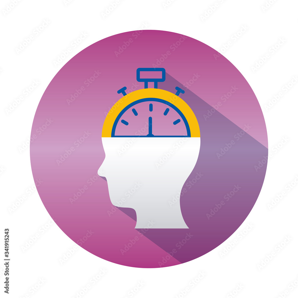 Mental health concept, head with chronometer shape icon over white background, block gradient style Mental health concept, head with chronometer shape icon over white background, block gradient style