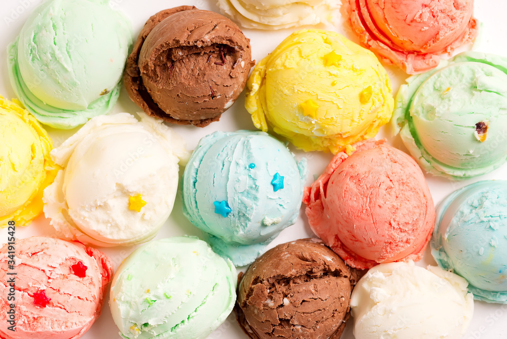 Close-up colorful balls from freshly prepared homemade sweet tasty ice cream or gelato with star decoration. Close-up colorful balls from freshly prepared homemade sweet tasty ice cream or gelato with star decoration.