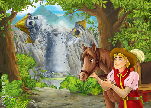 Cartoon nature scene with prince and his horse in journey