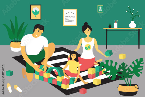 Happy family plays cubes at home. Father and mother plays with daughter. Modern flat design concept of pastime at home. Bright vector illustration.