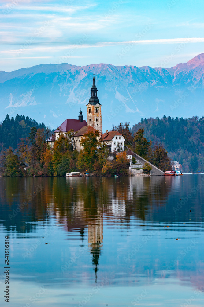 the church on bled lake in the water reflection