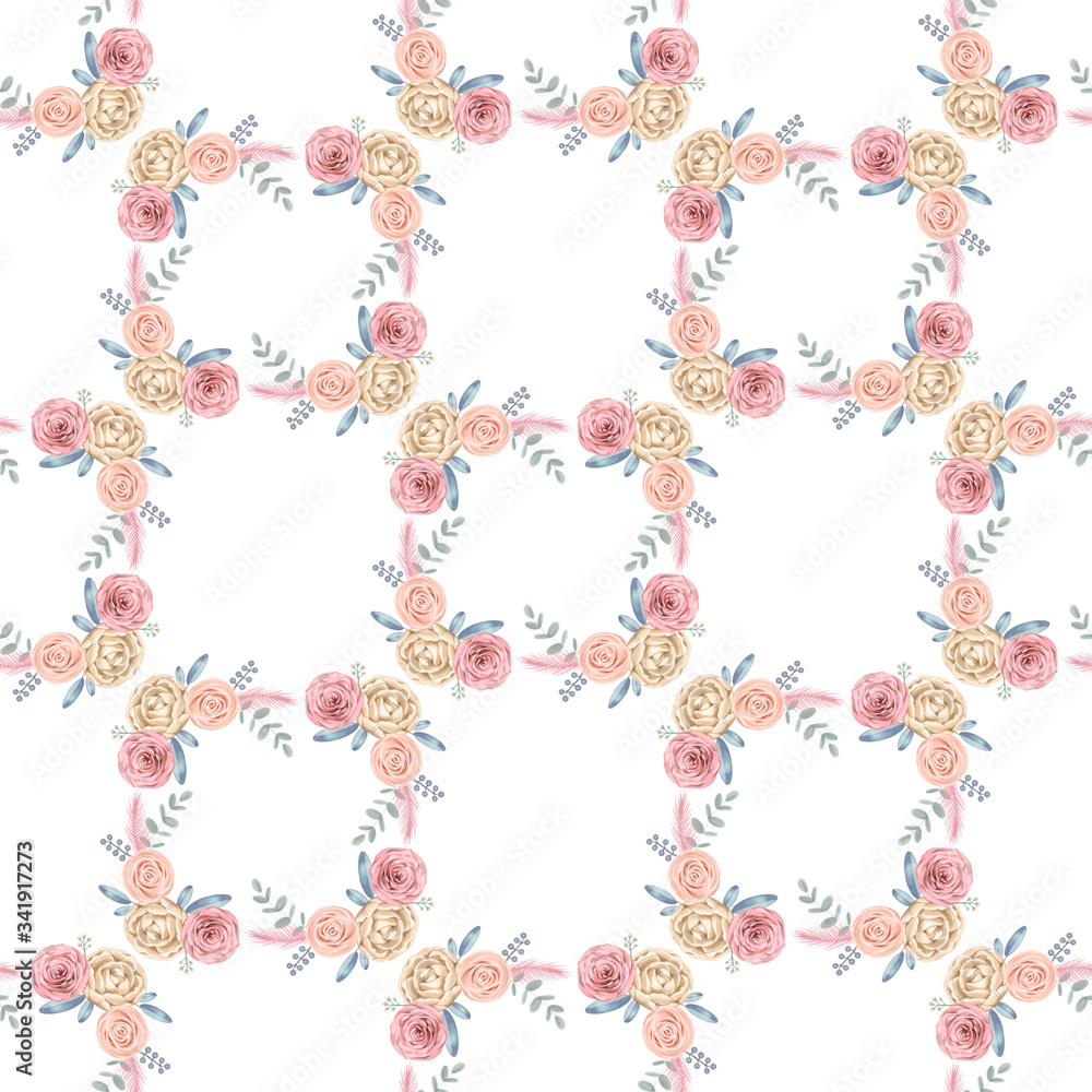 Seamless floral background. Digital watercolor pattern with climbing roses. Shabby chic style.
