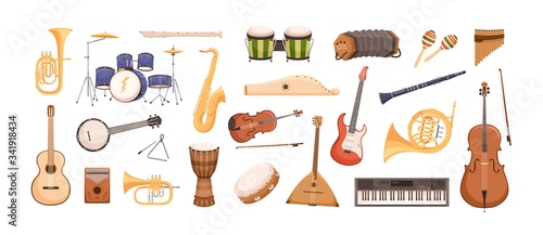 Colorful collection of various musical instruments isolated on white background. Strings, brass, percussion, woodwinds instruments. Vector illustration in flat cartoon style