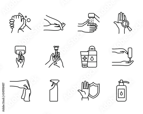 water and hand hygiene icon set, line style